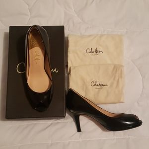 Cole Haan Black Patent Peeptoe Pumps, 7.5